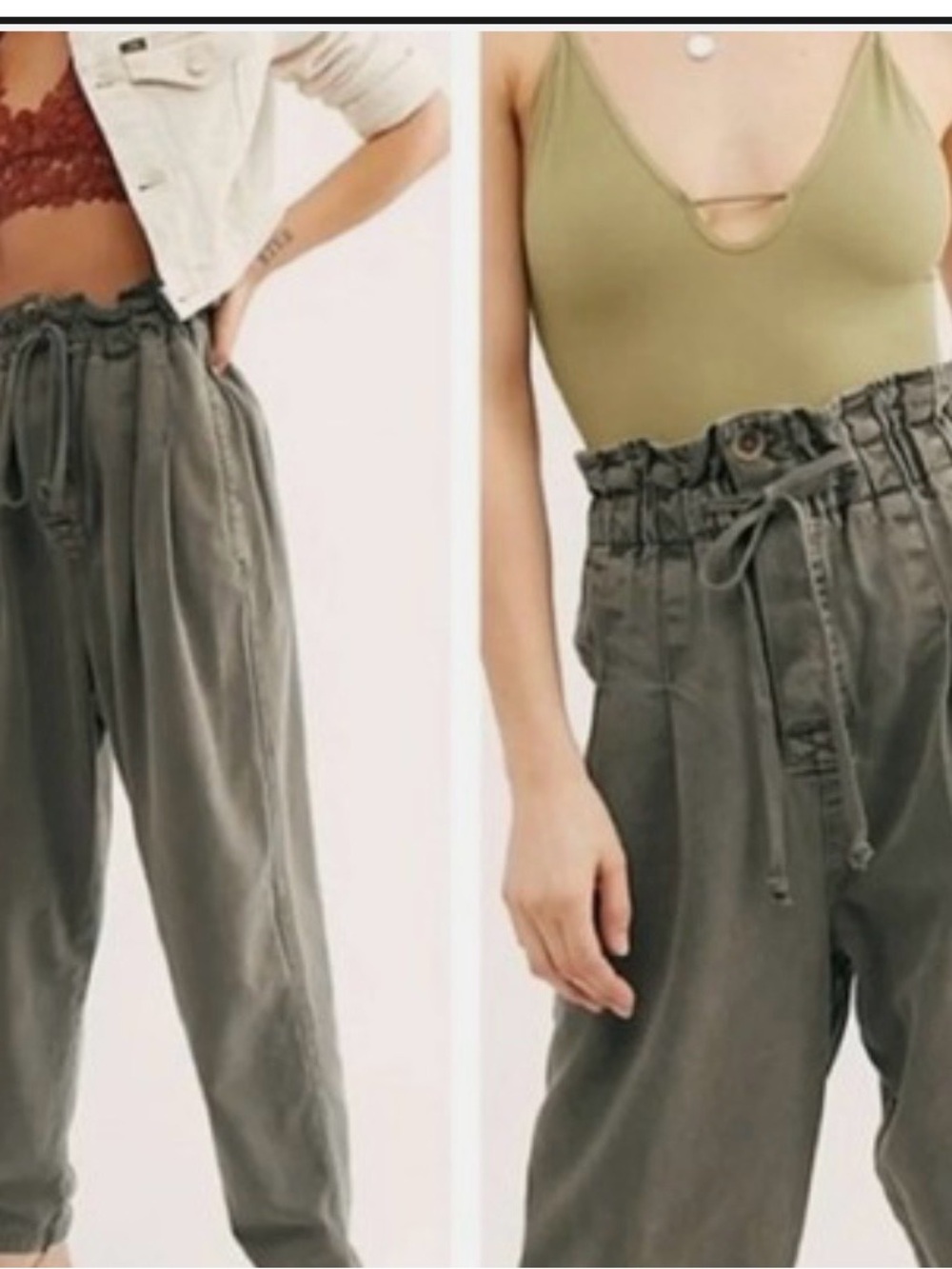 NWT Free People Paper Bag Waist Tapered Pants Sugar Kelp Green
